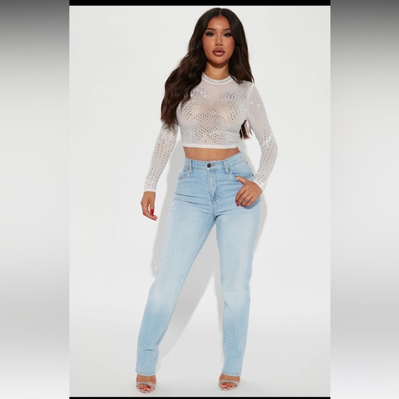 Fashion Nova RockStar Rhinestone Mesh Sheer Crop Top in Nude - Size S - Picture 3 of 7